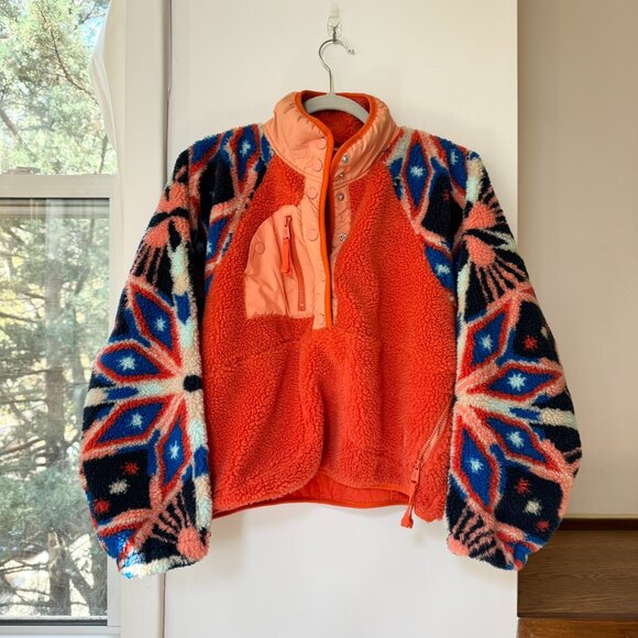 New Free People Hit The Slopes Printed Fleece Jacket Pullover Orange XS - Picture 5 of 10